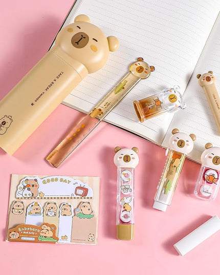 9 Pcs Cute Capybara Stationary Set Kawaii School Supplies Japanese Stationery, Includes Pencil Sharpener, Eraser, Correction Tape, Glue Tape, Sticky Notes, Ruler, Scissors for Office School Supplies