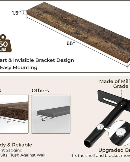RICHFOCUS 55Inch Floating Shelves for Wall 2 Pack Shelves for Bedroom|Kitchen|Bathroom Wall Mounted Rustic Wood Floating Shelf with Invisible Brackets for Books|Storage|Decor, Rustic Brown