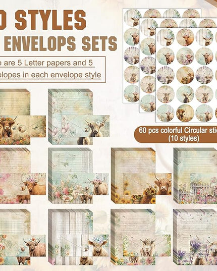 TaoBary 160 Pcs Stationery Paper Set 50 Double Sided Stationery Papers with 50 Matching Envelopes and 60 Round Dot Sticker, 10 Design(Floral Highland Cow,8.5 x 11 Inch)