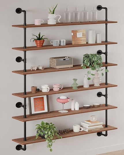 48 InchPipe Bookshelf Floating Shelves for Wall Shelves Bookshelf Industrial Pipe Shelving Shelves Real Wood Planks Rustic Hanging Shelves Farmhouse Kitchen Bar Shelving