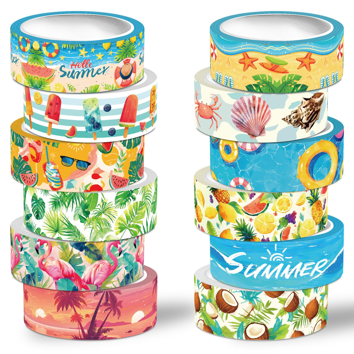 NIKOMIE Summer Washi Tape Set,12 Rolls Hawaii Beach Holiday Decorative Tape Flamingo Tropical Leaves Coconut Watermelon Pineapple Masking Tape for Journaling Supplies, Gift Wrapping, DIY Art&Crafts