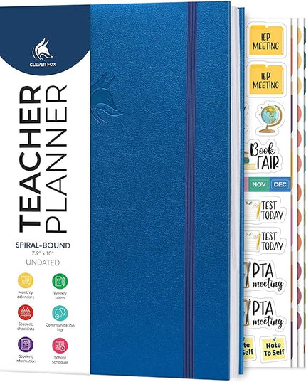 Clever Fox Teacher Planner Spiral – School Year Planner with Calendars & Lesson Plans – Teacher Plan Book for Classroom & Homeschool Organization - Undated, 7.9x10″ (Mystic Blue)