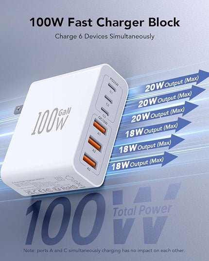 USB C Wall Charger, 100W 6-Port PD Fast USB C Charging Block,3USB C+3USB A Charging Station Hub Block Power Strip Adapter Plug Type C Cube Brick for iPhone 17/16/15/14/13/Pro Max,iPad,Samsung,Tablet