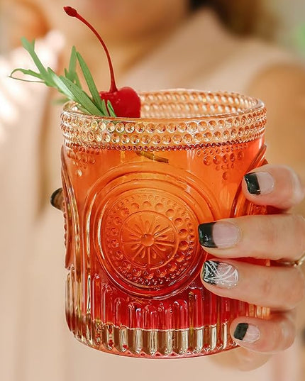 Ribbed Retro Arch Floral Rose Gold Drinking Glasses Set of 6, (10 oz) Vintage Glassware Set by Kate Aspen| Cocktail Glass Set, Juice Glass, Water Cups | Great Hostess Gift & Gift for New Home Owners