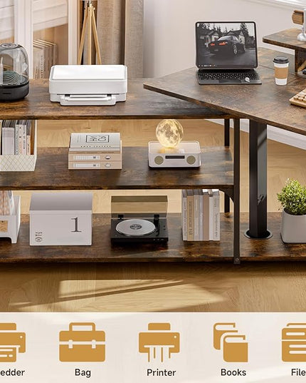 ONBRILL L Shaped Standing Desk with File Cabinet, 63x24'' Electric Stand Up Desk with Monitor and Storage Shelf, Adjustable Height 28-46'' for Home and Computer Workstation, Rustic Brown