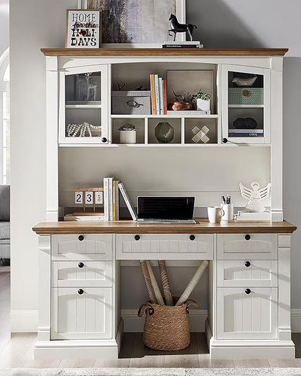 OKD 60" Executive Desk with Hutch and Drawers, Farmhouse Home Office Desk with Charging Station, Keyboard Tray, File Cabinet Storage, Wood Computer Desk for Work and Study, Antique White