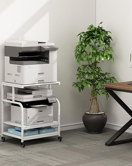 White Printer Stand, 23.6 x18.9 x 30 Inches Big Size Printer Table with Adjustable Shelf, 3 Tier Rolling Printer Cart with Wheels for Home Office Storage and Organization