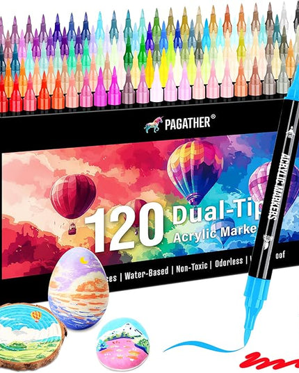 120 Colors Acrylic Paint Markers, Dual Tip Fine Tip and Brush Tip Pens Contain 24 Metallic Color for Stone, Wood, Calligraphy, Canvas, Ceramic, Metal, Glass, Rock Painting, DIY Crafts