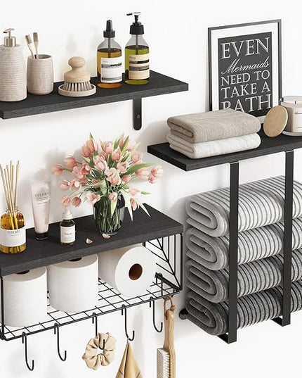 Fixwal Bathroom Floating Shelves Over Toilet Wall Shelves Set with Towel Storage Rack for Bathroom Organization & Wall Decor(Black)