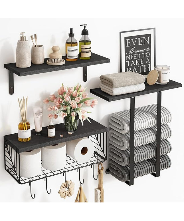 Fixwal Bathroom Floating Shelves Over Toilet Wall Shelves Set with Towel Storage Rack for Bathroom Organization & Wall Decor(Black)