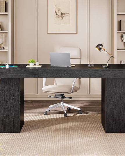 55.9 in Executive Desk with Power Outlets, Modern Home Office Desk with Storage Cabinet, Wood Computer Desk Business Workstation Desk Conference Table, Black (Storage Cabinet)