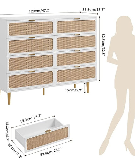 Garvee Rattan Dresser with 8 Drawers, Tall Modern Closet with Deep Storage, Large Chest of Drawers with Wide Top, Long Wooden Dresser for Bedroom, Living Room, Hallway, Kids Room, White