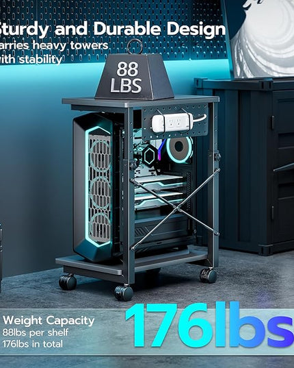 ARES WING Height Adjustable Computer Tower Stand, 2-Tier PC Tower Stand for Most PC, CPU Holder Cart with Locking Wheels for Gaming Home Office, 21.7"-33.5" Height