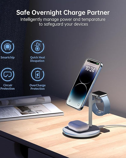 XooFly 3 in 1 Wireless Charging Station for Apple Devices, Fast Wireless Mag-Safe Charger Stand with 20W Adapter for iPhone 17/16 15 14 13 12 Pro Max/Pro/Plus/Air/Mini, iWatch, AirPods (Light Blue)