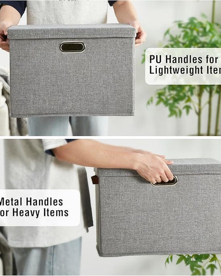 17" Large Collapsible Storage Bins with Lids, Stackable Closet Organizers with PU Handle and Labels, 3-Pack Decorative Fabric Storage Boxes for Home, Bedroom, Closet, Office, Nursery(Gray)
