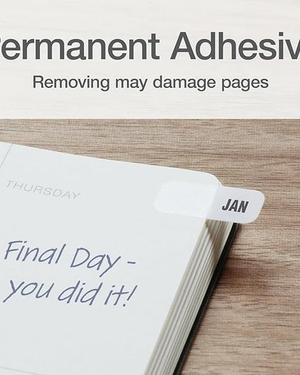 Redi-Tag Monthly Adhesive Tabs, Preprinted Tabs, 8 Sets of Jan-Dec Plus Bonus Blank Tabs, 7/17" x 1", Durable and Customizable Labels with Permanent Adhesive for Planners and Files, White (1006546)
