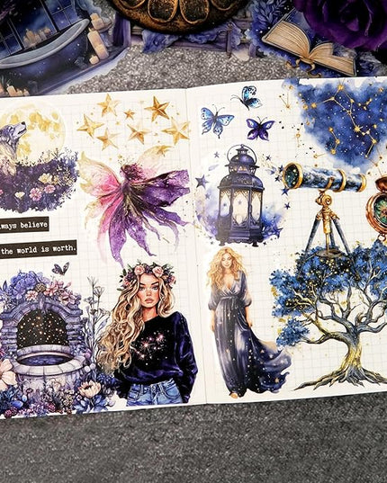 AuriicLeaf Fantasy Night Dream PET Stickers Set, 180Pcs Mystical Celestial Stickers for Journaling, Scrapbooking, DIY Crafts, Planners, and Collage Art