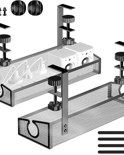 Under Desk Cable Tray - Black, No Drill Cable Organizer with Clamp for Wire Management, PC Cord Organizer & Workspace Accessories (2 Pack)