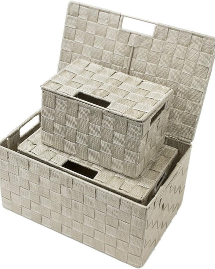 Sorbus Set of 3 Storage Baskets for Organizing with Lid – Mesh Hand-Woven Baskets for Closet, Shelf & Home Storage (Beige, Variety Pack)