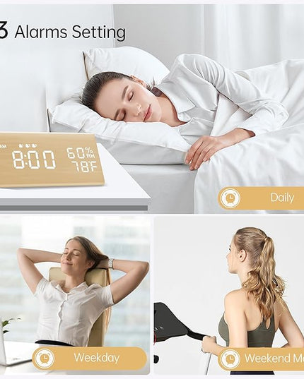 JALL Digital Alarm Clock, with Wooden Electronic LED Time Display, 3 Alarm Settings, Humidity & Temperature Detect, Wood Made Electric Clocks for Bedroom, Bedside (Yellow)