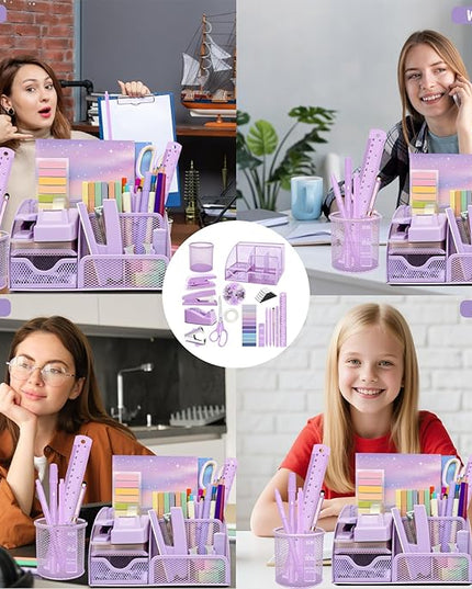 Purple Desk Accessories, 17Pcs Purple Office Supplies Set with Stapler, Mesh Desk Organizer, Tape Dispenser, Staple Remover, Pen Holder, Clips, Pens, Ruler, for Office Home School Women Students Gift