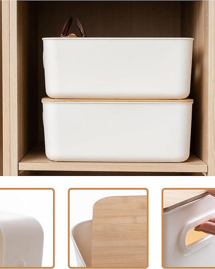 Citylife 4 PCS Storage Bins with Bamboo Lids Plastic Storage Containers for Organizing Stackable Storage Box with Handle, 15.12 x 10.67 x 5.98 inch
