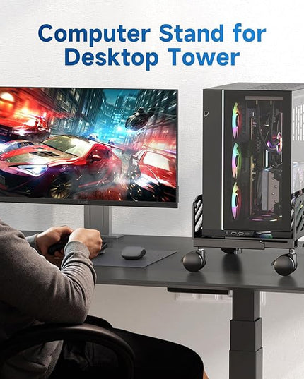 Suptek Computer Tower Stand,7.28 to 11.81 inch Wide Adjustable CPU Steel Rolling Stand,Under Desk or Floor Mobile CPU Stand Holder with Locking Caster Wheels,Gaming PC Holder, Black