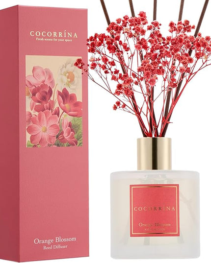 COCORRÍNA Reed Diffuser - Orange Blossom 6.76 Fl.oz Reed Diffuser Sets with Preserved Flowers, Diffuser with 8 Sticks for Bathroom Shelf Decor
