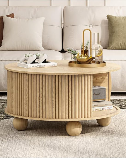 JOINICE Round Coffee Table with Storage, 31.5" Natural Oak Fluted Drum Center Table, Scandi Japandi Wood Circle Table with Sliding Door & Bun Feet for Living Room