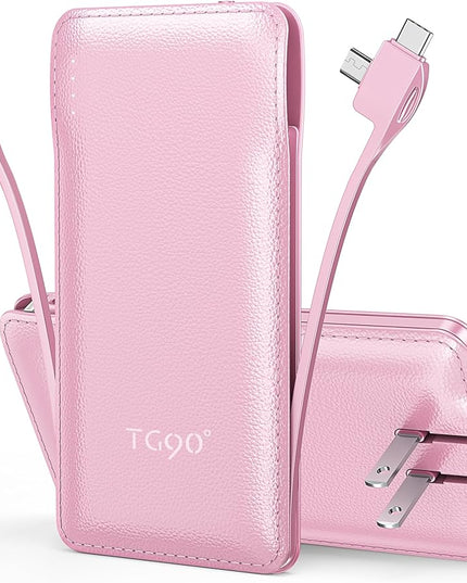 TG90° 10000mAh External Battery Pack with Built-in AC Wall Plug, Compact Cell Phone Portable Charger with Cables Power Bank Compatible with iPhone and Android Devices