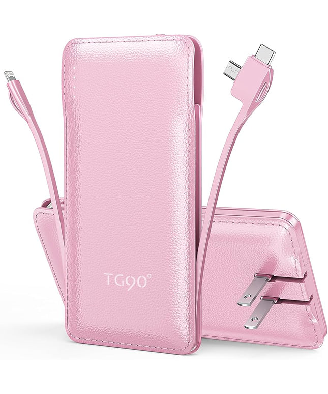 TG90° 10000mAh External Battery Pack with Built-in AC Wall Plug, Compact Cell Phone Portable Charger with Cables Power Bank Compatible with iPhone and Android Devices
