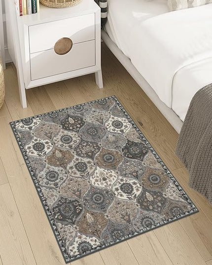 Lahome Moroccan Trellis Area Rug, 2x3 Entryway Rug Non-Slip Washable Indoor Door Mat, Small Oriental Accent Throw Carpet for Bedroom Kitchen Entry Bathroom, Grey