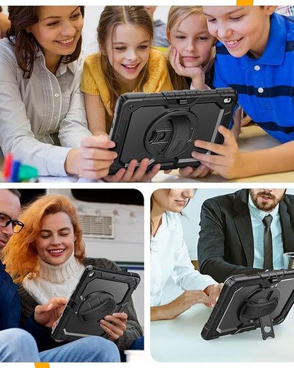 Timecity Case for iPad 9th/ 8th/ 7th Generation 10.2 inch - Heavy Duty Protective Cover with Screen Protector, Rotating Stand, Shoulder Strap & Pencil Holder | Kids-Friendly (Black)