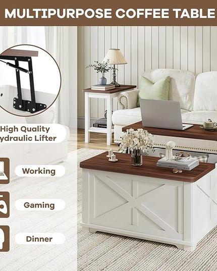 Airynee Farmhouse Coffee Table with Hydraulic Lifter, Square Coffee Table with Large Hidden Storage Compartment for Living Room, Wooden Coffee Tables with Brown Flip-Top Lids for Home Office, White