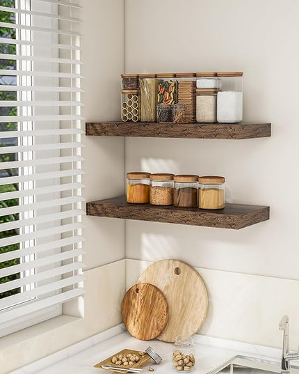 RICHFOCUS 24Inch Floating Shelves for Wall 2 Pack Shelves for Bedroom|Kitchen|Bathroom Wall Mounted Rustic Wood Floating Shelf with Invisible Brackets for Books|Storage|Decor, Rustic Brown