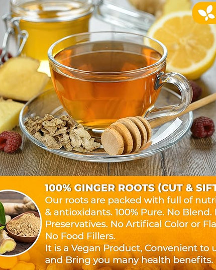FreshDrinkUS, Premium 10oz Natural Ginger Roots, Cut and Sifted, 100% Natural & Pure from Ginger Roots, Ginger Tea, Ginger Loose Herbal Tea, No Additives, No Caffeine, Vegan
