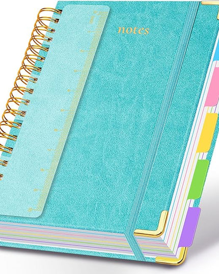 Hardcover Spiral Notebook 8.5"x11" Journal Notebook with Tabs and Removable Dividers 300 Pages 5 Subject Notebook College Ruled, Faux Leather Spiral Bound Notebook for Women School Work(Blue)