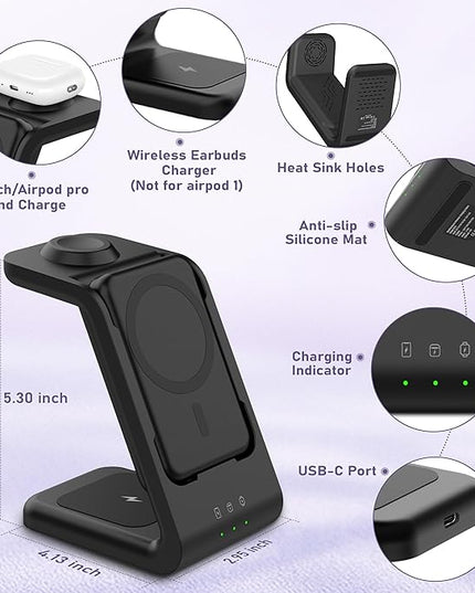 3 in 1 Wireless Charging Station: 5000mAh Removable Power Bank Charger Stand for Phone/Watch/Air Pods - Portable Magnetic Battery Pack for Air 17 16 15 14 13 12 Series