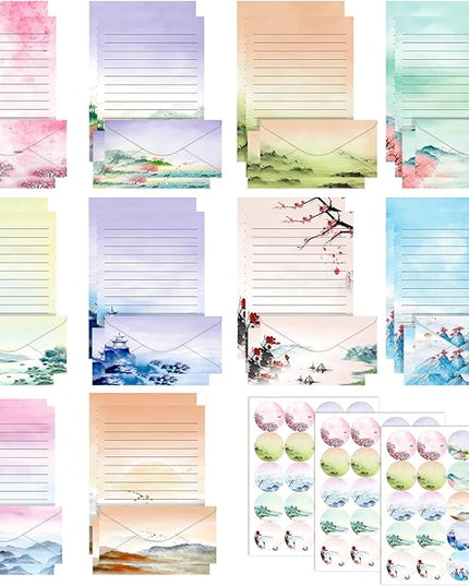 TaoBary 160 Pcs Stationery Paper Set 50 Double Sided Stationery Papers with 50 Matching Envelopes and 60 Round Dot Sticker, 10 Design(Ink Painting,8.5 x 11 Inch)