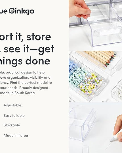 Blue Ginkgo Small 20-Drawer Cabinet – Stackable Clear Organizer for Hardware, Beads, Plastic Bricks, Office, and Craft Storage (Made in Korea, Blue)