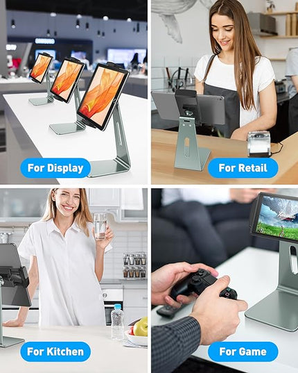 AboveTEK Elegant Tablet Stand, Aluminum Holder for 7-13 inch Tablets, Desktop Kiosk POS Stand Compatible w/iPad Pro Air Mini, Galaxy Tab, Tablet Mount for Store Office Reception Kitchen (Gray)