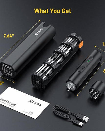 MrToNo Electric Screwdriver, Cordless Screwdriver Set, Power Screwdriver Set, 3 Torque Settings, 1500mAh Battery, 33 Magnetic Bits, LED Light, Rechargeable Tool for Furniture, DIY, Household Repair