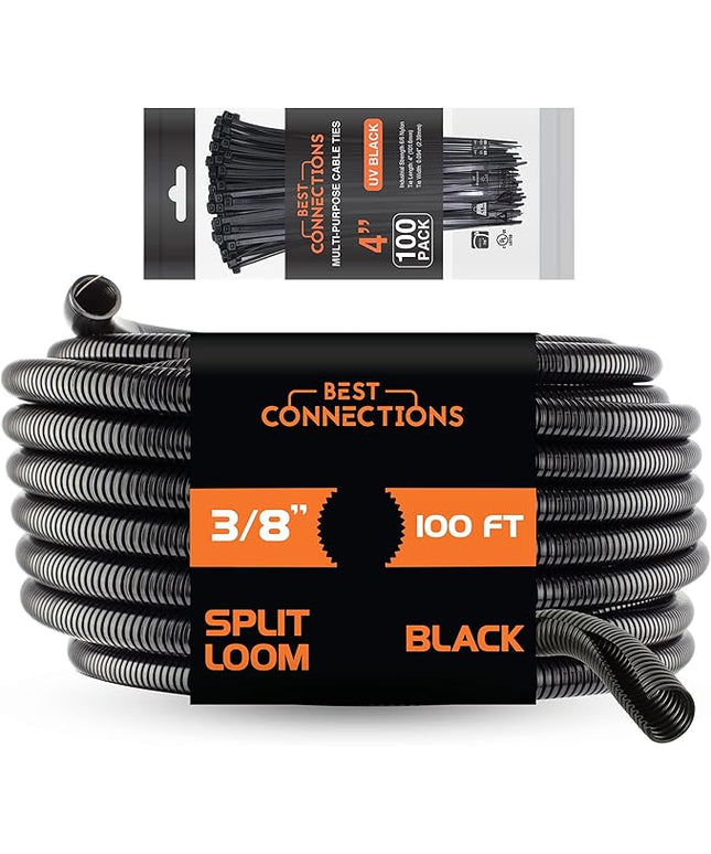 BEST CONNECTIONS 100 Ft – 3/8" Diameter Split Wire Loom Flex-Guard Convoluted Tubing with 100 Pcs x 4" Nylon Cable Zip Ties – Protective Split Cable Sleeves/Conduit – Black