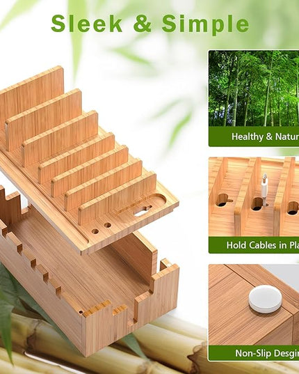 Pezin & Hulin Bamboo Charging Station for Multiple Devices with 5 Port USB Charger, 5 Cables and Watch Stand. Wood Desktop Docking Stations Organizer for Cell Phone, Tablet, Watch, Office Accessories
