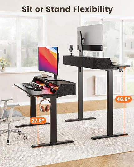 ErGear Standing Desk with LED Strip, 55″ x 28″ Electric Height Adjustable RGB Gaming Table with Shelf, Sit Stand Desk with Dual Cable Holes, C-Clamp Mount Compatible, 4 Preset Heights, Black