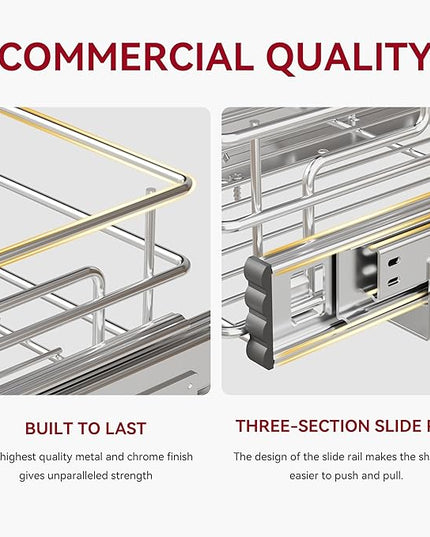 Under Sink Organizer 2 Packs, Pull Out Cabinet Organizer 2 Tier, Under Sink Slide Out Organizer Chrome Plated, Under Kitchen Bathroom Sink Organizer, Pantry Cabinet Closet Organization Rack, 9"W X19"D