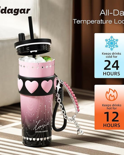 24 oz Stainless Steel Tumbler with Lid and Straw, Insulated Coffee Mug, Leak Proof, Portable Iced Travel Water Bottle, Reusable Thermal Coffee Cup Gift for Women, Pink
