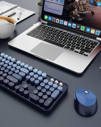 Wireless Keyboard and Mouse Combo, Ergonomic Full Size Typewriter Retro Round Keycaps Keyboard, Compatible with Windows, PC, Perfer for Home and Office Keyboards (Twilight Blue