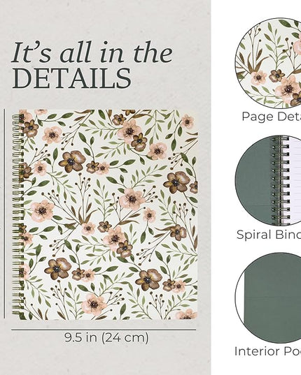 Steel Mill & Co Cute Green Mini Spiral Notebook, 8.25" x 6.25" Journal with Durable Hardcover and 160 Lined Pages, Woodland Floral