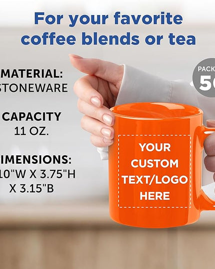 Custom Ceramic Coffee Mugs 11 oz. Set of 50, Personalized Bulk Pack - Coffee cup set, Iced coffee cup, Gaming mug - Orange